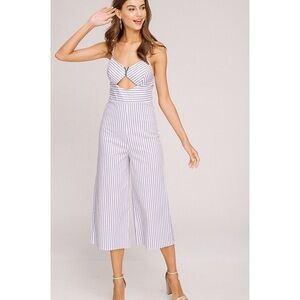 Light Blue Striped Cutout Cropped Jumpsuit